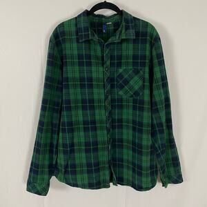 Green Plaid Button-Up Shirt Long Sleeve Men's Large 100% Cotton Classic Fit